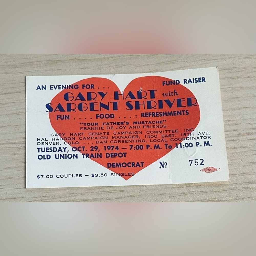 1974 Political Fundraiser Ticket Gary Hart / Sargent Shriver. Signed